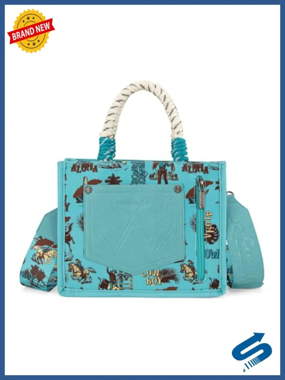 Canvas Tote Bag with Cactus Print, Rope Handle, Crossbody Strap